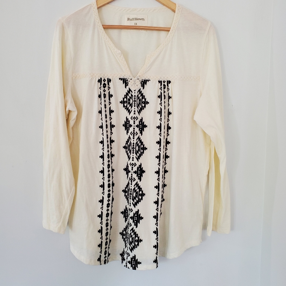 RUFF HEWN 1X Cream Cotton Blend LS Top Black Velvet Aztec & Crochet Accent Boho